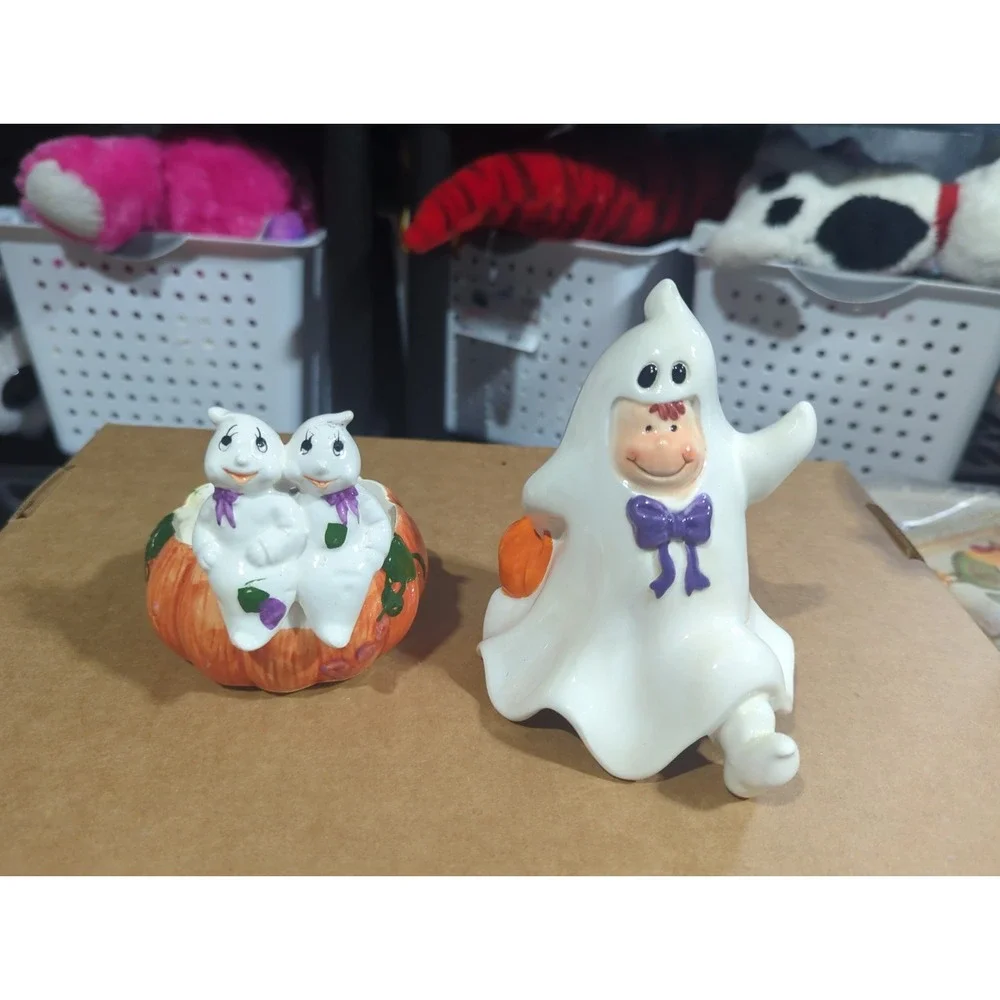 2 Vintage Halloween Cute Ghost Figures Treat Cup Pumpkin